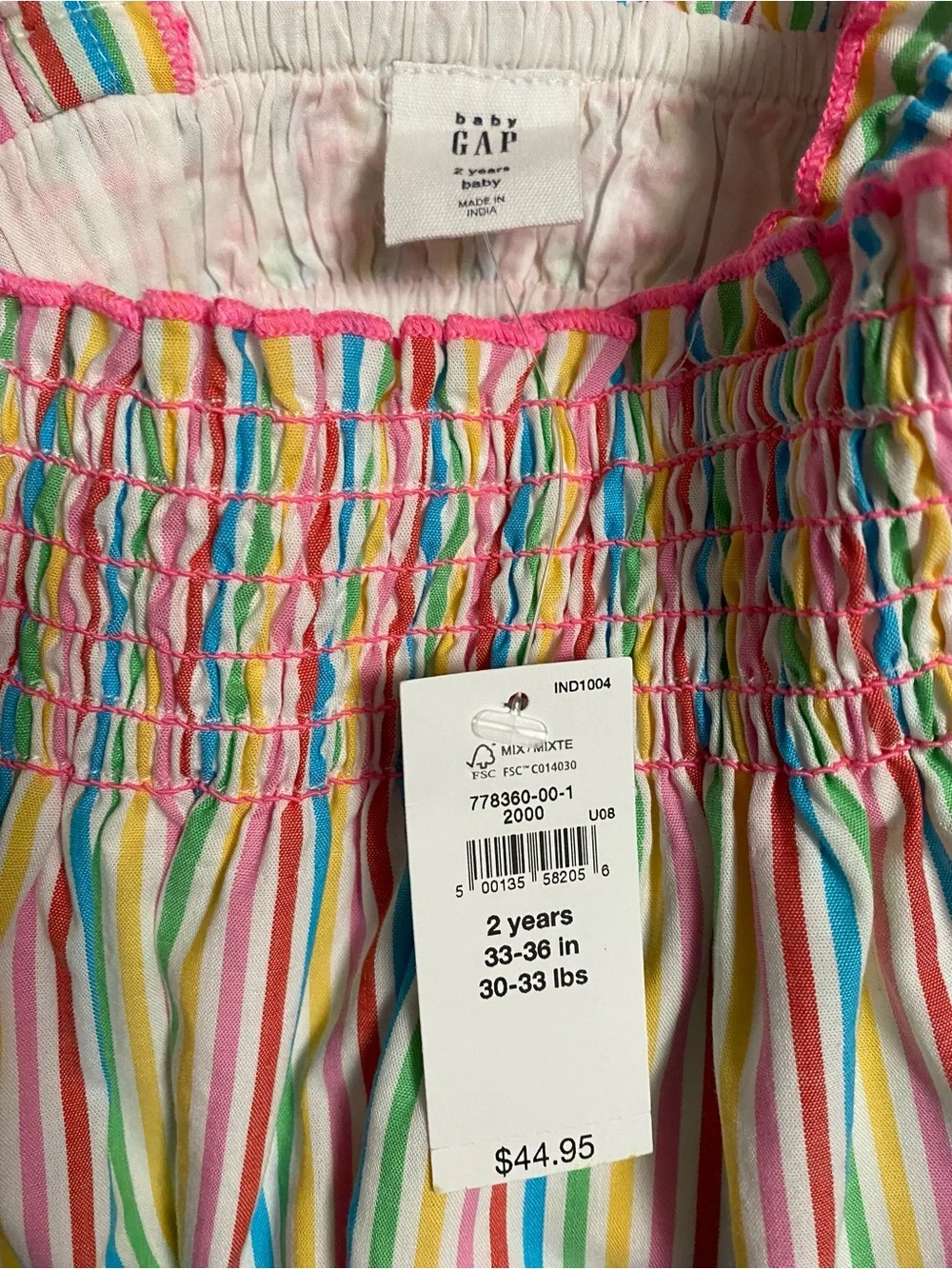 GAP Baby Rainbow Stripe Smocked Sundress with Pink Trim and pockets SIZE 2T NWT
